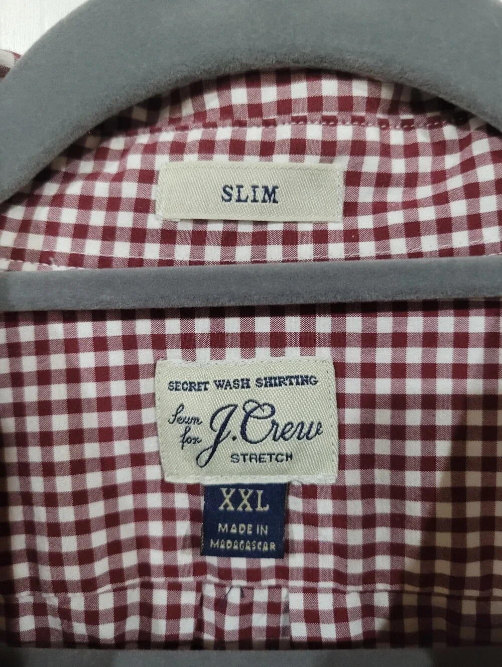 J. Crew Mens Secret Wash Slim L/S Maroon Gingham Check Button-Down XXL 2XL